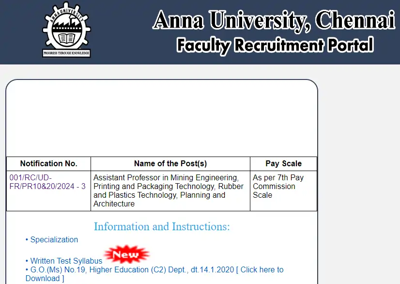 Anna University Direct Recruitment 2024 (Instruction)